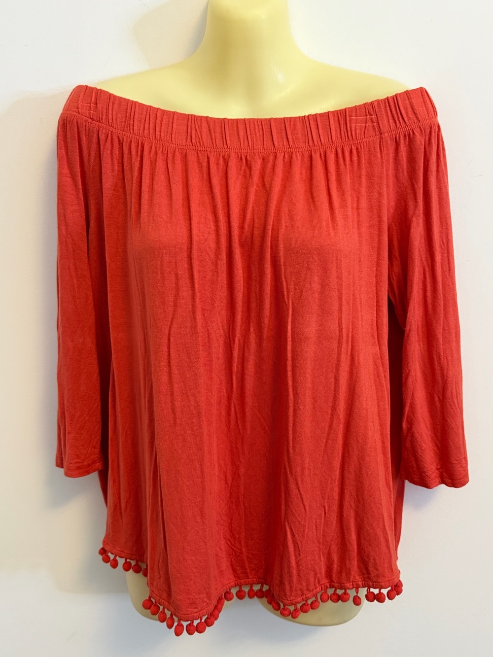 Kim & Cami Off-Shoulder Red Pom-Pom Hem Tunic